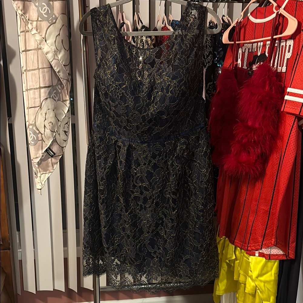 Jenny Yoo Blue and Gold V-neck Sheath Mini Dress